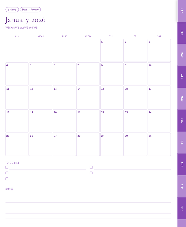 Sample monthly planner layout