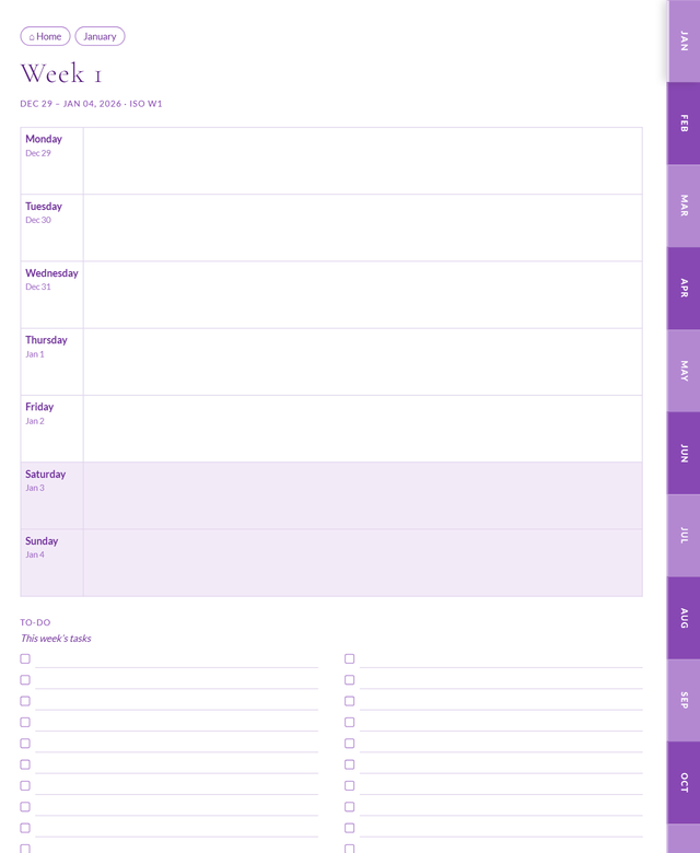 Sample weekly planner layout